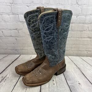 Ariat Womens Western Boots Size 9B Tan Blue Leather Square Toe 10015334